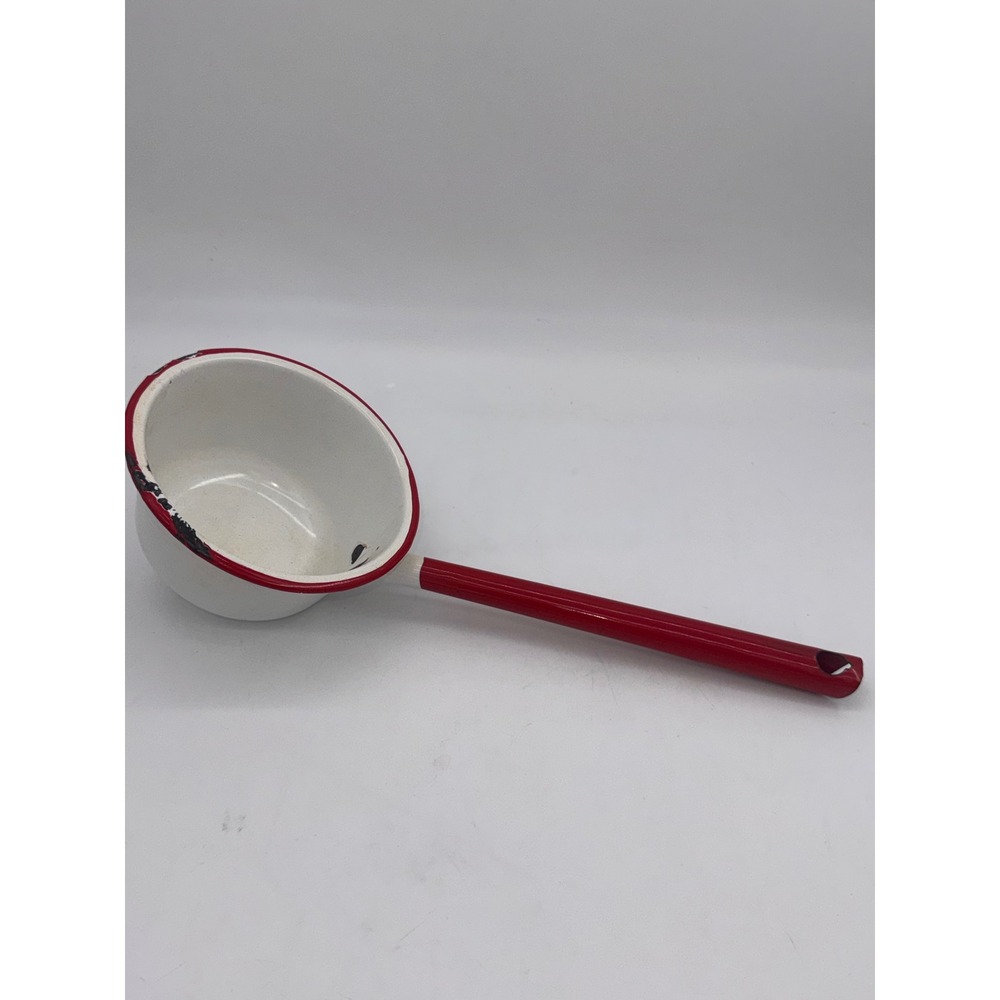 Vintage Red White Enamelware Water Dipper Ladle 13" Farmhouse Primitive Decor